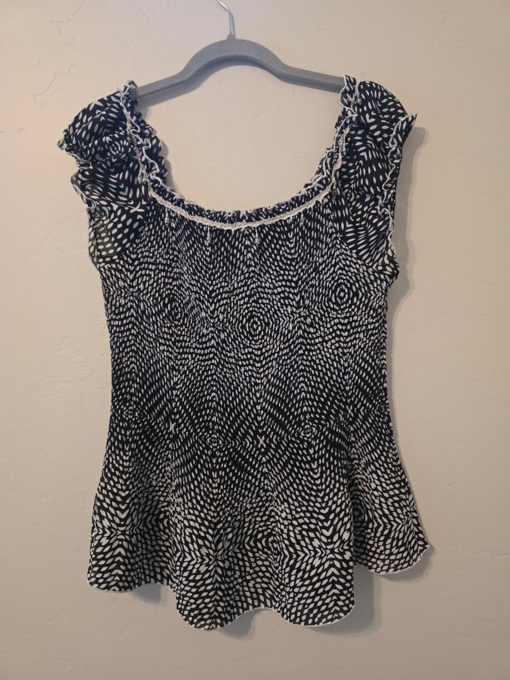 Piano Boho Peasant Top XL Black White Beaded Stretch Ruffle Blouse